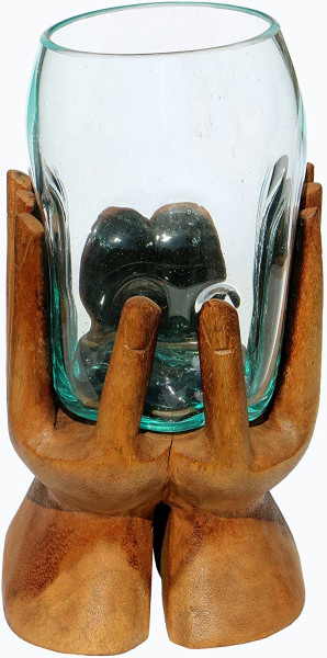 Hand-Vase Ø Glas 15 cm auf Wurzelholz